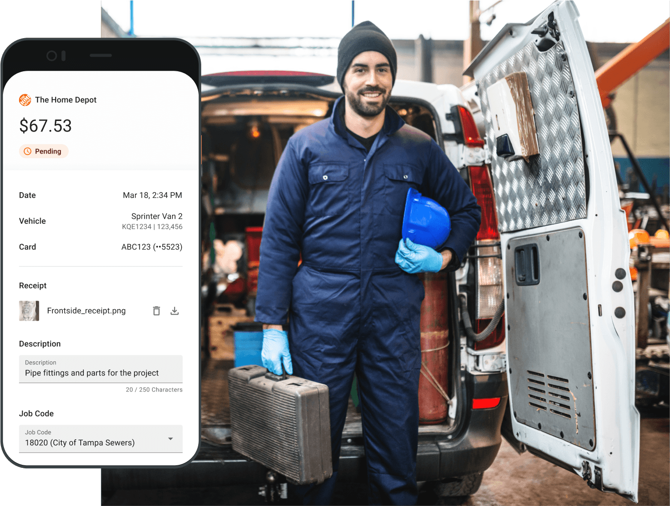 Technician standing in front of vehicle, with expense management phone app